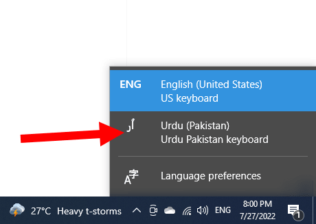 selecting an urdu keybord form Windows 10