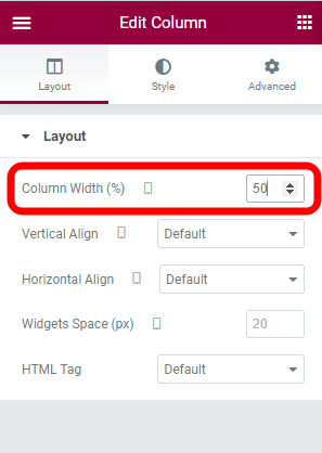 Set 50% width to display two column in a same row in elementor