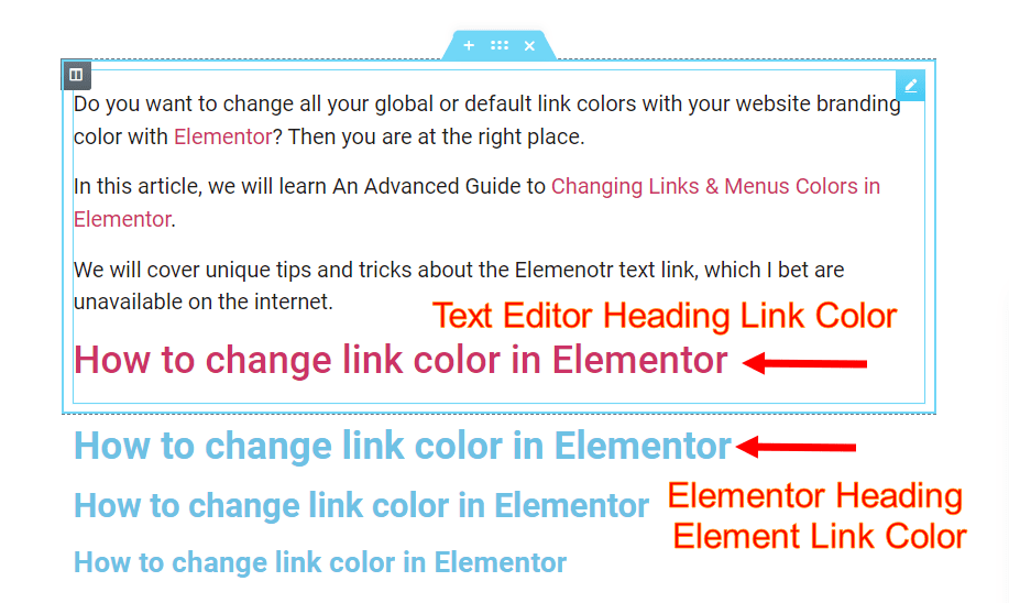 Elementor text editor and heading element links color