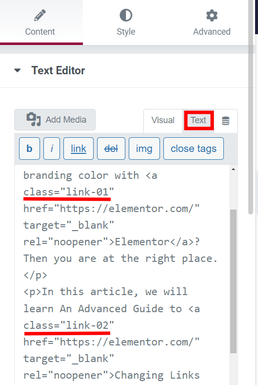 how to change Elementor change individual link color